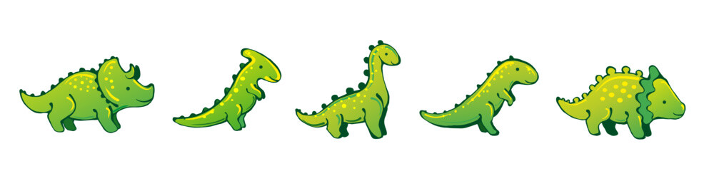 Set of cute cartoon dinosaurs. Colourful wild creatures, prehistoric predators. Funny baby dinosaurs stickers. Brontosaurus, Triceratops, Tirex, Tyrannosaurus. Palaeontology vector elements.