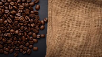  Coffee beans on slate, with a burlap bag, with room for copy, as a Horizontal background, in a Barista advert-themed, of photorealistic illustration in JPG. Generative ai