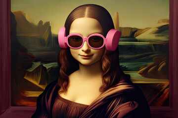 Brunette woman very similar to Mona Lisa with pink headphones and pink glasses