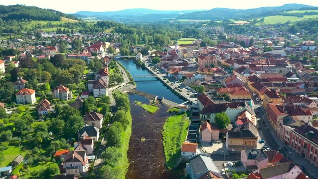 Otava river in the historic center of Susice. The city was built in the Middle Ages around the gold-bearing river. Czech Republic, Central Europe.
