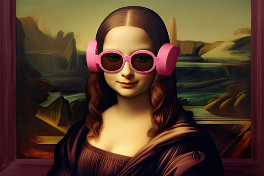 Brunette woman very similar to Mona Lisa with pink headphones and pink glasses