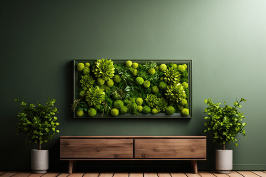 Trendy Green moos art in frame on green wall 
