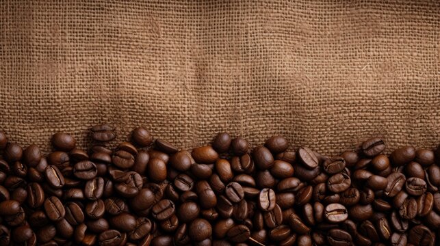 coffee beans in various positions on a burlap textured bag with space for copy in a commercial Barista-themed image as a JPG horizontal format. Generative ai