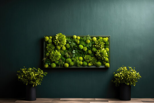 Green moos art framed on green wall