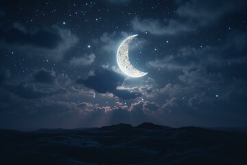 Fototapeta na wymiar Artistic 3D illustration of a serene night sky featuring a crescent moon, stars, and clouds. Perfect for a peaceful ambiance for children. Generative AI