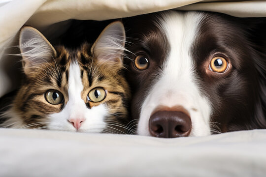 Closeup Portrait Of A Cat And A Dog Lying On A Bed Under A Blanket