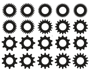 Black silhouettes of different gears on a white background