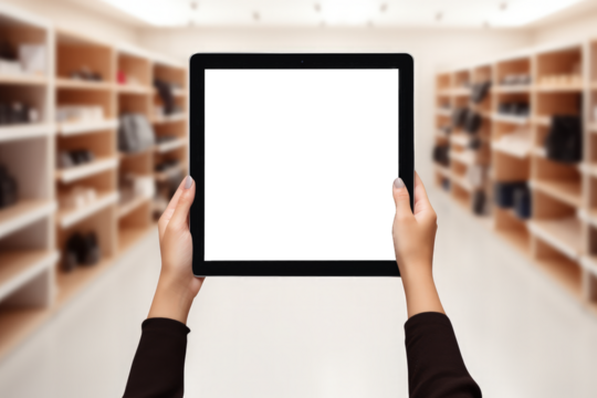 Hand holding tablet, PNG transparent background, shop and promotion concept. Generative AI