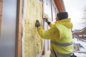 A construction worker is installing glass wool panels for thermal and acoustic insulation in a modern house with a wooden structure.