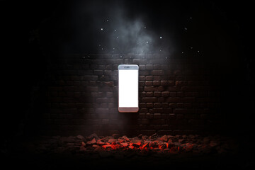 Cellphone and brick wall in the background, PNG transparent background, sales and promotion concept. Generative AI