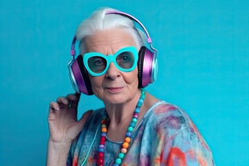 Portrait of a stylish old woman in glasses and pink headphones on a blue background.