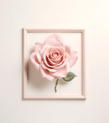 Soft pink rose in a picture frame on a white wall, creative floral interior decoration