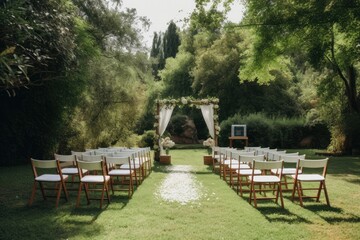 An outdoor wedding ceremony with rows of white chairs on a green lawn, facing a white arch with white drapery and floral arrangements