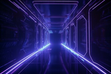Futuristic laser lights illuminate a concrete tunnel in shades of purple and blue. The Blade Runner-style corridor is modern, dark, and perfect for a sci-fi club stage. Generative AI