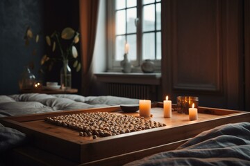 Fototapeta na wymiar Wooden zen table with candles and pebbles above contemporary Scandinavian bedroom with bed, parquet, and large window. Generative AI