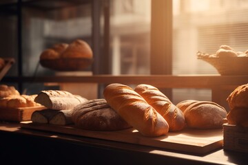 Bakery counter displaying warm bread against blurred background. Generative AI