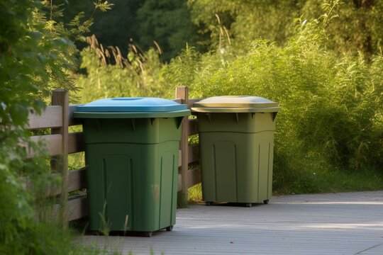 Two bins in natural setting for waste sorting and storage, promoting recycling. Generative AI