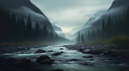 Mountain river and fog. Generative AI