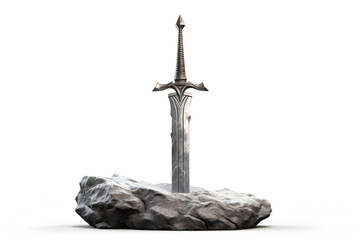 A sword reminiscent of Excalibur is driven halfway into a rock on a white background. - obrazy, fototapety, plakaty