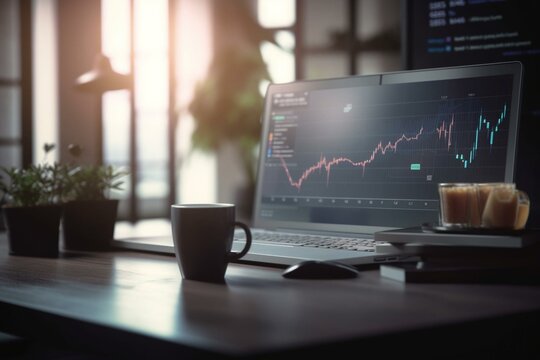 Close-up of desk with laptop, glowing business chart hologram, index on screen, blurry office background with coffee, plant, and picture. Finance, trade, invest. 3D render. Generative AI