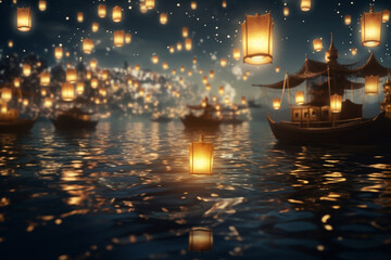 Obraz premium Lanterns in the night sky over the river, mid-autumn day in China