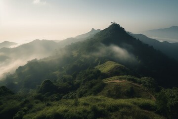 Scenic mountainous and misty landscape at Samer Dao Mountain in Nan, Thailand during the morning. Generative AI