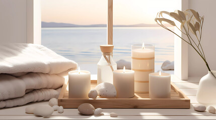 Spa accessory composition set in day spa hotel, beauty wellness centre. Spa product are placed in luxury spa resort room, ready for massage therapy from professional service.