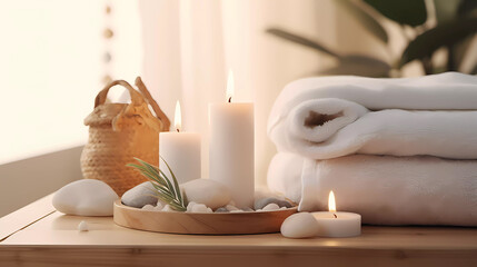 Spa accessory composition set in day spa hotel, beauty wellness centre. Spa product are placed in...
