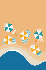 Beach background with sand, sea, umbrellas, beach chairs. Vector illustration.