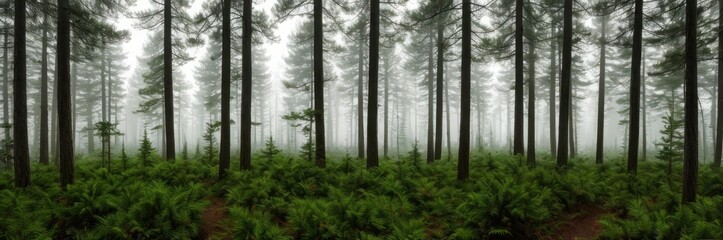 Obraz premium Beautiful pine and fir forest with thick layer of green moss covering the forest floor. Scenic view foggy autumn or summer morning land background. Magical Deep foggy Misty Old Forest