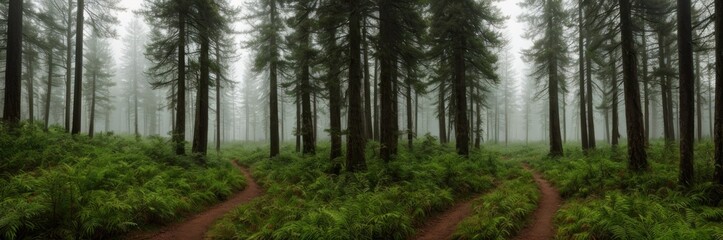 Beautiful pine and fir forest with thick layer of green moss covering the forest floor. Scenic view foggy autumn or summer morning land background. Magical Deep foggy Misty Old Forest