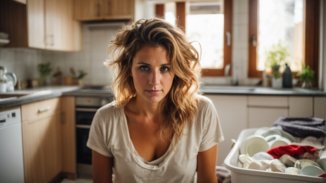 Lonely woman in the kitchen feeling depressed and stressed with sad look, burdened with housework, puerperium, negative emotion and mental health concept
