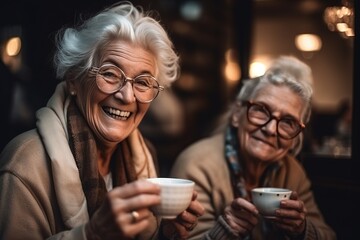 Two gray-haired pretty elderly grandmothers in glasses with a cup of coffee in their hand looking at the camera and laughing against the background of café lights