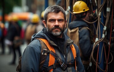 Fototapeta premium This electrician, marked by a friendly smile, adeptly handles a labyrinth of electrical wires, highlighting their proficiency in managing complex electrical installations.