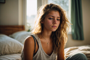 Lonely young woman feeling depressed and stressed sitting on the bedroom floor with sad look, bullying, negative emotion and mental health concept - obrazy, fototapety, plakaty