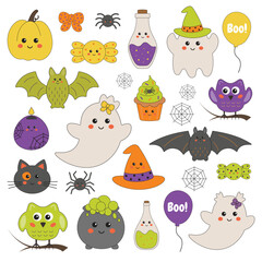 Halloween vector elements and characters collection - pumpkins, ghosts, owl, cat, candies, candles, bat, spider. Decorative elements for cards, invitation, party attributes. Cute childish style.