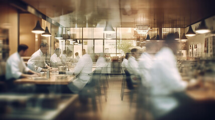 blurred restaurant background with some people eating and chefs and waiters working generative ai