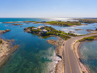 Aerial view of historic mansions at Ocean Drive Historic District near Goose Neck in city of...