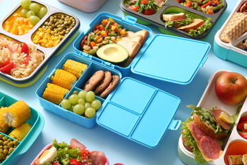 Many lunchboxes with different delicious food on blue background
