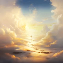 Deurstickers Ochtendgloren Concept of a path winding through the clouds, ending at a brilliant light in the distance. It symbolizes heaven, afterlife, a near-death experience, or simply the path to a goal and bright future.
