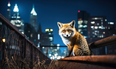 Close up of an urban red fox in a city at night.