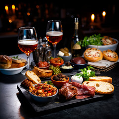 AI generated: table with Mediterranean food and beers. Aperitif and tapas. 