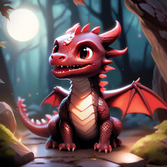 Cute red dragon baby in the forest, enjoying the moonlight
