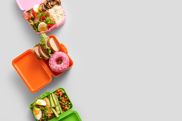 Lunchboxes with different delicious food on grey background