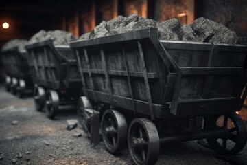 3D-rendered mining carts with coal inside. Generative AI
