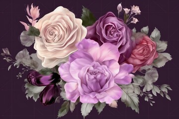 Floral arrangement of lilac and roses on transparent background, perfect for invitations or wedding cards. Generative AI
