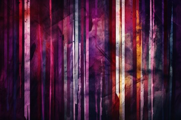 Vibrant watercolor stripes on a dark violet background with grunge collage. Generative AI