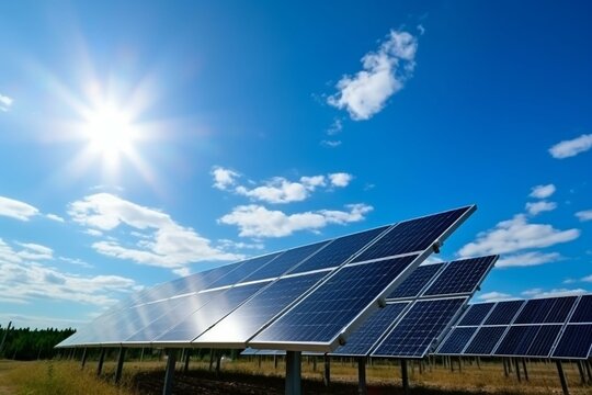 Renewable energy source. Solar power panel on clear sky. Alternative energy idea. Generative AI