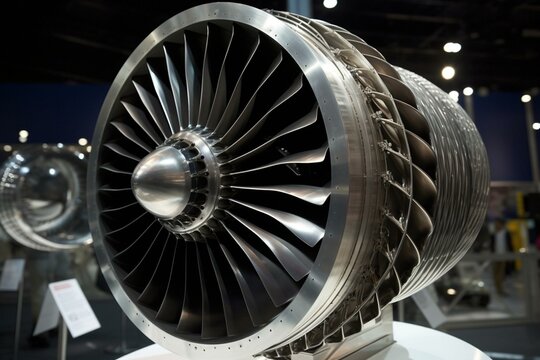 Aircraft turbine with rings and blades displayed at Salon Le Bourget in Paris. Generative AI