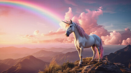 cute pink rainbow unicorn standing proudly on a mountain top overlooking a breathtaking landscape